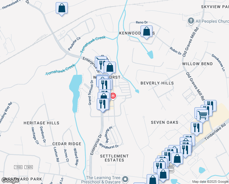 map of restaurants, bars, coffee shops, grocery stores, and more near 623 Wyndhurst Drive in Lynchburg