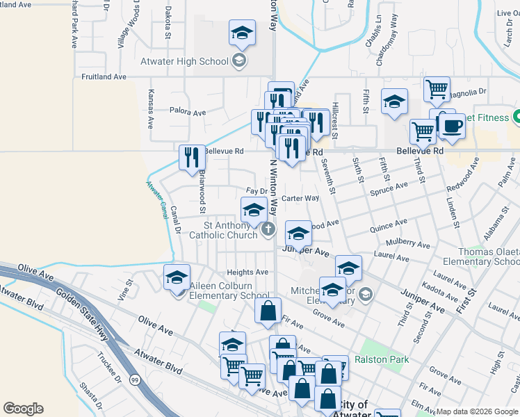 map of restaurants, bars, coffee shops, grocery stores, and more near 2320 Angelus Court in Atwater