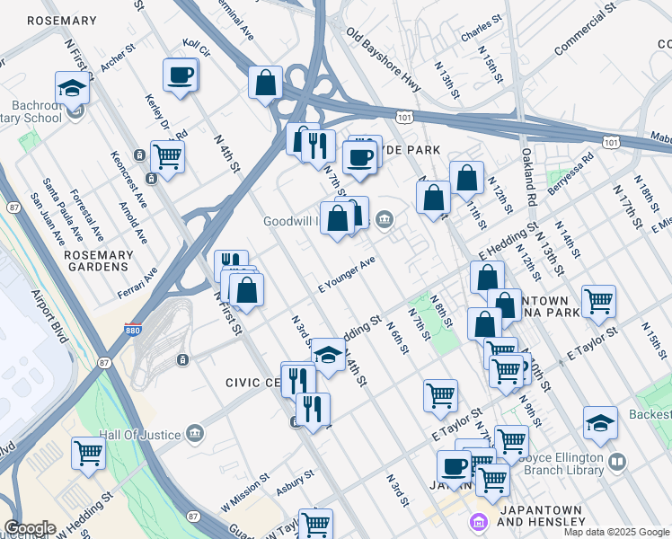 map of restaurants, bars, coffee shops, grocery stores, and more near 1010 North 5th Street in San Jose
