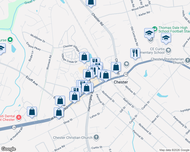 map of restaurants, bars, coffee shops, grocery stores, and more near 11852 Chester Village Drive in Chester