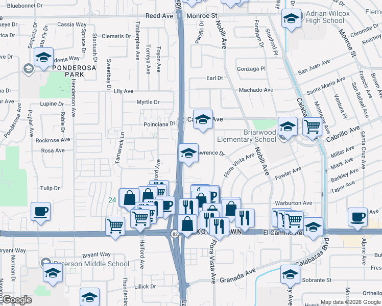 map of restaurants, bars, coffee shops, grocery stores, and more near 1889 Lawrence Road in Santa Clara