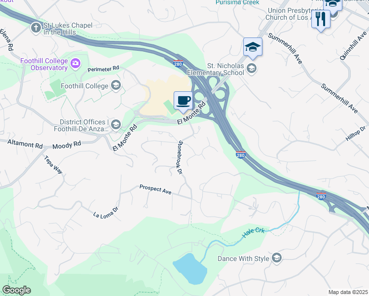 map of restaurants, bars, coffee shops, grocery stores, and more near 12352 Priscilla Lane in Los Altos Hills