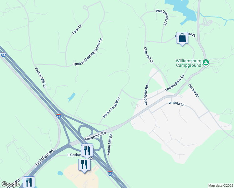map of restaurants, bars, coffee shops, grocery stores, and more near 307 Marks Pond Way in Williamsburg