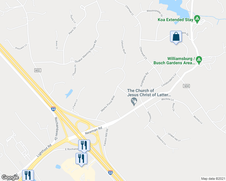 map of restaurants, bars, coffee shops, grocery stores, and more near 307 Marks Pond Way in Williamsburg