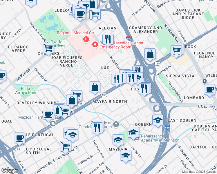 map of restaurants, bars, coffee shops, grocery stores, and more near 2177 Alum Rock Avenue in San Jose
