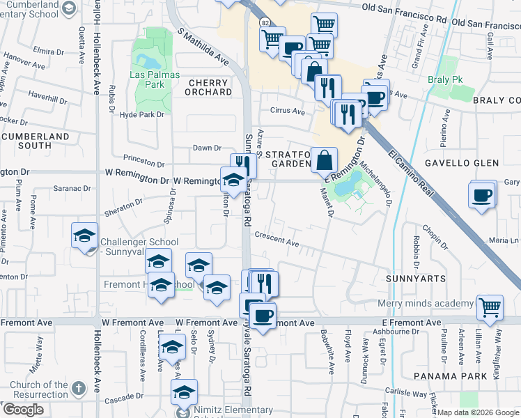 map of restaurants, bars, coffee shops, grocery stores, and more near 120 East Remington Drive in Sunnyvale