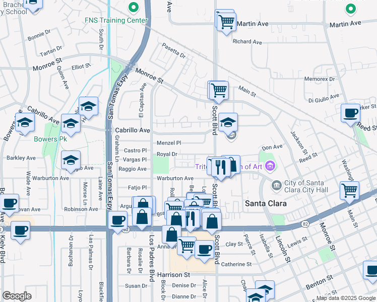 map of restaurants, bars, coffee shops, grocery stores, and more near 2135 Royal Drive in Santa Clara