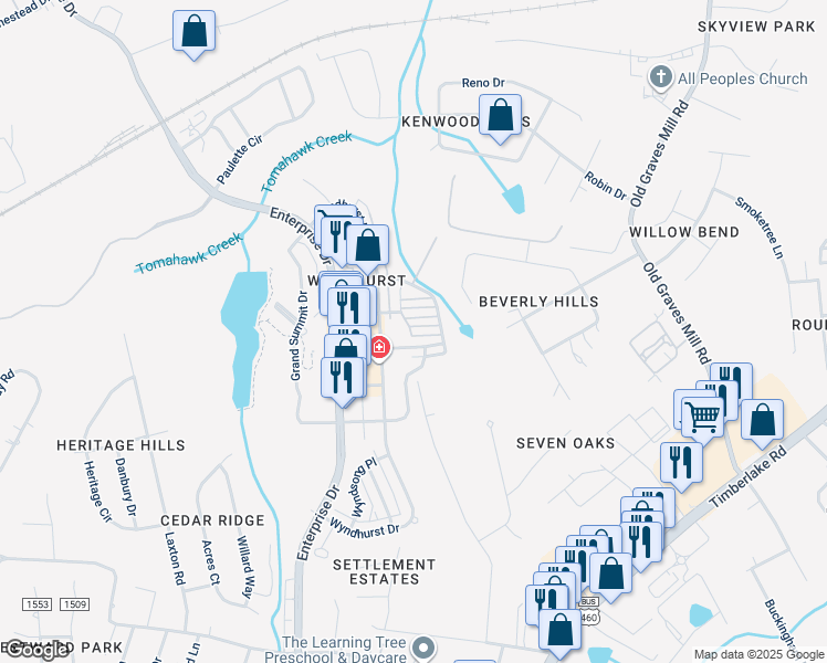 map of restaurants, bars, coffee shops, grocery stores, and more near 600 Northwynd Circle in Lynchburg