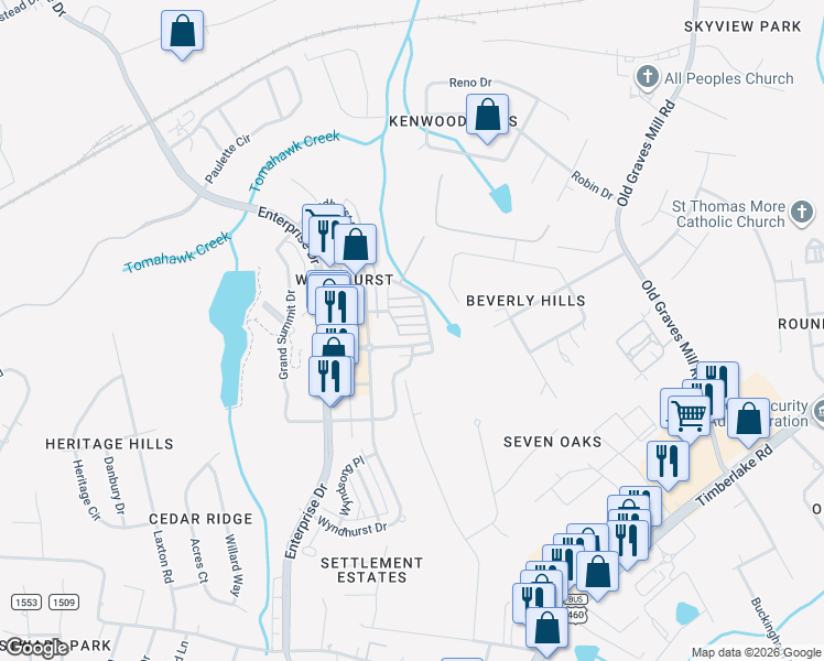 map of restaurants, bars, coffee shops, grocery stores, and more near 113 Margate Drive in Lynchburg