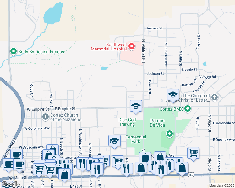 map of restaurants, bars, coffee shops, grocery stores, and more near 621 North Park Street in Cortez