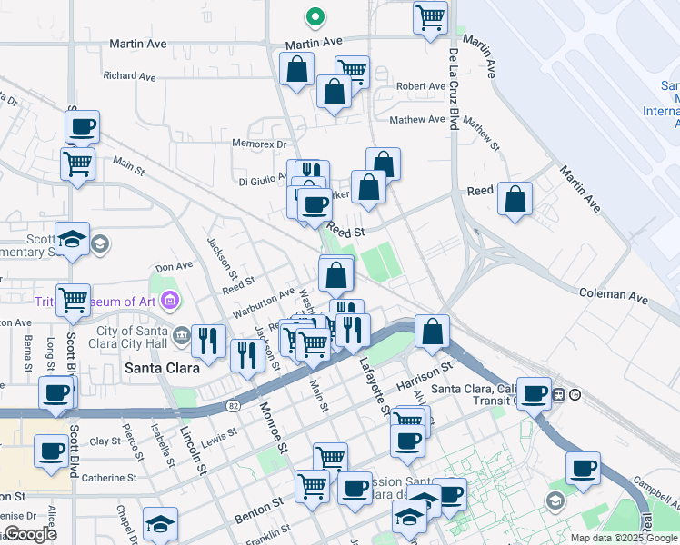 map of restaurants, bars, coffee shops, grocery stores, and more near 1793 Lafayette Street in Santa Clara
