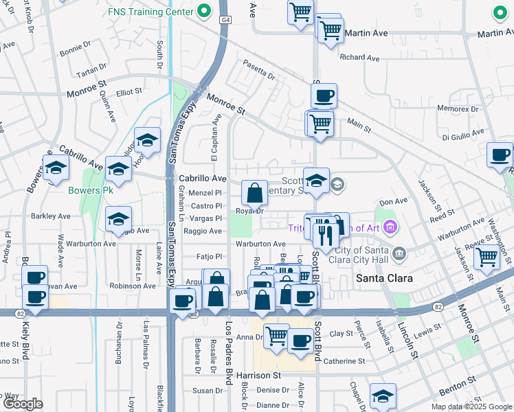 map of restaurants, bars, coffee shops, grocery stores, and more near 2215 Royal Drive in Santa Clara