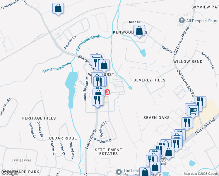 map of restaurants, bars, coffee shops, grocery stores, and more near 623 Wyndhurst Drive in Lynchburg