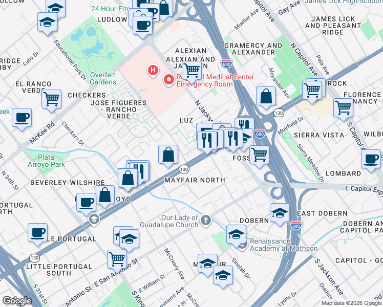 map of restaurants, bars, coffee shops, grocery stores, and more near 2177 Alum Rock Avenue in San Jose