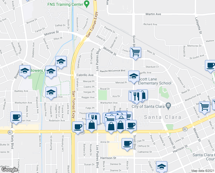map of restaurants, bars, coffee shops, grocery stores, and more near 2215 Royal Drive in Santa Clara