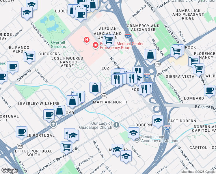 map of restaurants, bars, coffee shops, grocery stores, and more near 2177 Alum Rock Avenue in San Jose