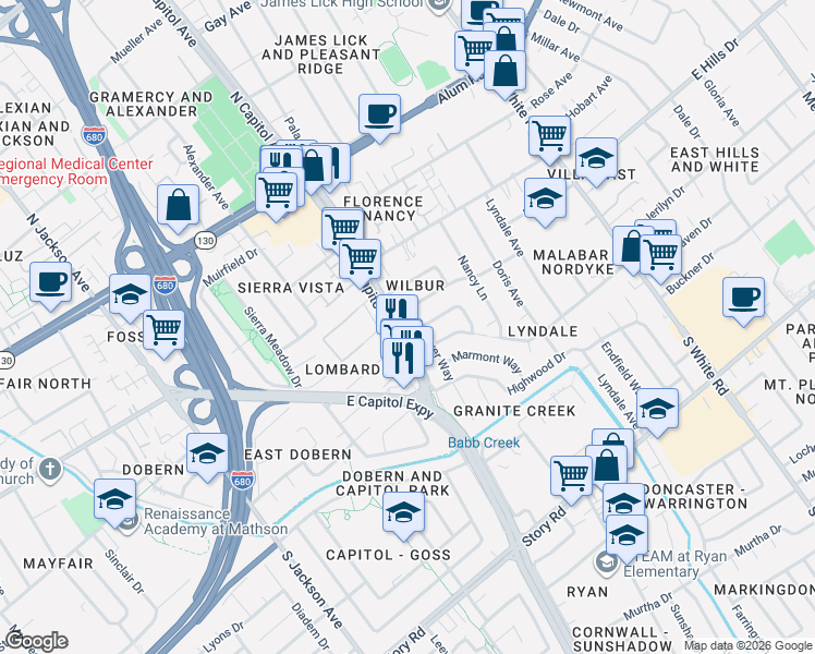 map of restaurants, bars, coffee shops, grocery stores, and more near 450 South Capitol Avenue in San Jose