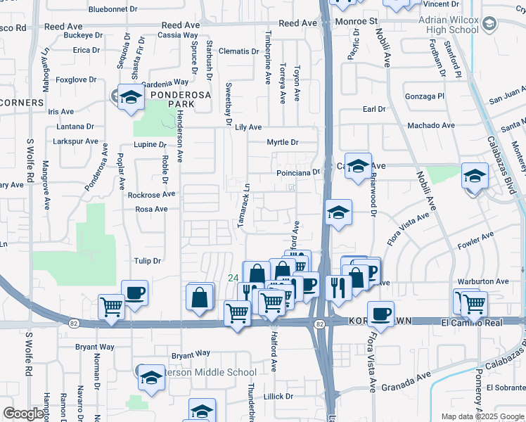 map of restaurants, bars, coffee shops, grocery stores, and more near 1908 Magdalena Circle in Santa Clara