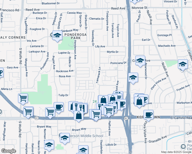 map of restaurants, bars, coffee shops, grocery stores, and more near 940 Tamarack Lane in Sunnyvale
