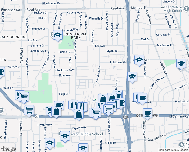 map of restaurants, bars, coffee shops, grocery stores, and more near 909 Suntree Court in Sunnyvale
