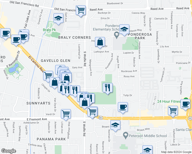 map of restaurants, bars, coffee shops, grocery stores, and more near 956 Mangrove Avenue in Sunnyvale