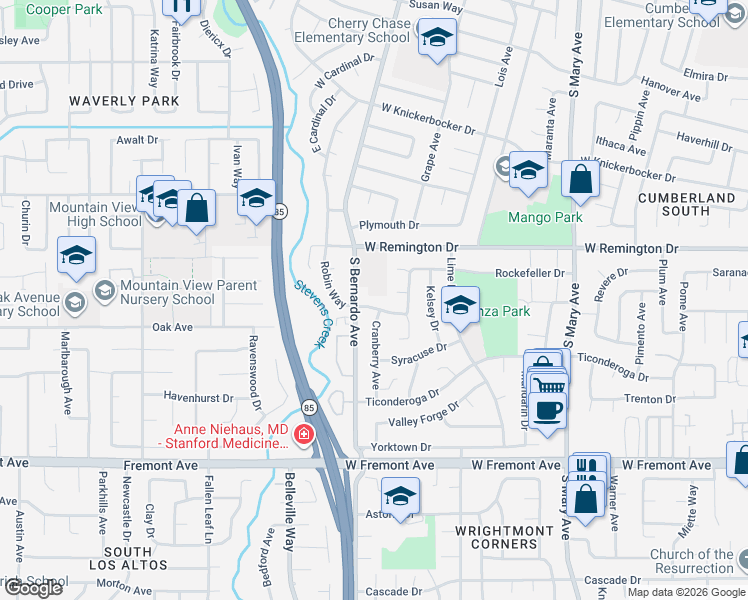 map of restaurants, bars, coffee shops, grocery stores, and more near 1156 South Bernardo Avenue in Sunnyvale