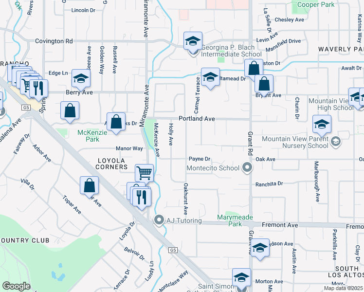 map of restaurants, bars, coffee shops, grocery stores, and more near 1375 Oakhurst Avenue in Los Altos