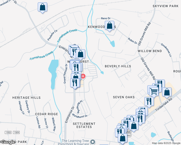 map of restaurants, bars, coffee shops, grocery stores, and more near 600 Northwynd Circle in Lynchburg