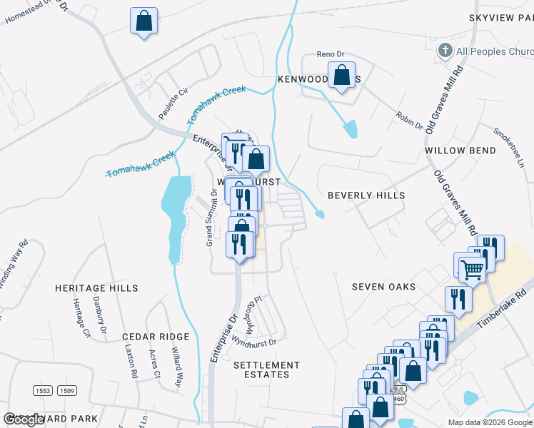 map of restaurants, bars, coffee shops, grocery stores, and more near 623 Wyndhurst Drive in Lynchburg