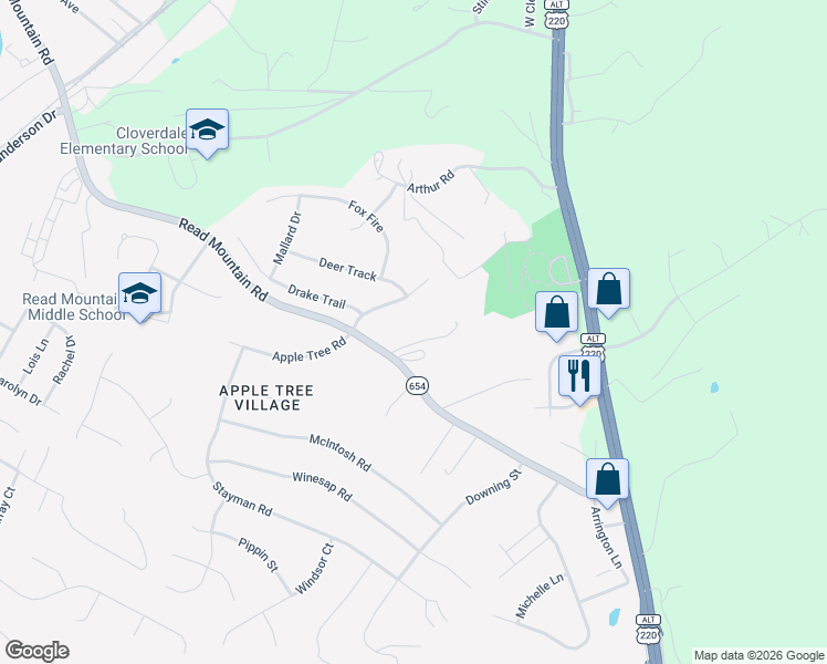 map of restaurants, bars, coffee shops, grocery stores, and more near 75-139 Toad Hollow in Roanoke