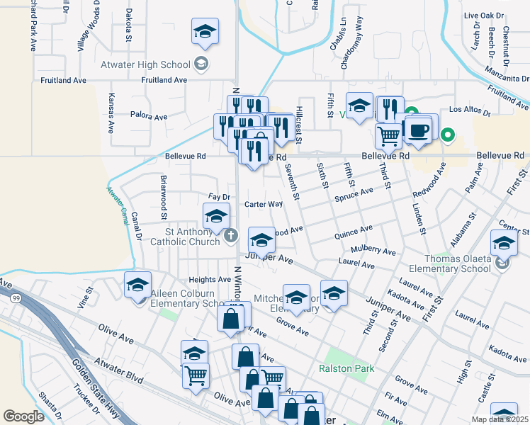map of restaurants, bars, coffee shops, grocery stores, and more near 2413 Springwood Drive in Atwater