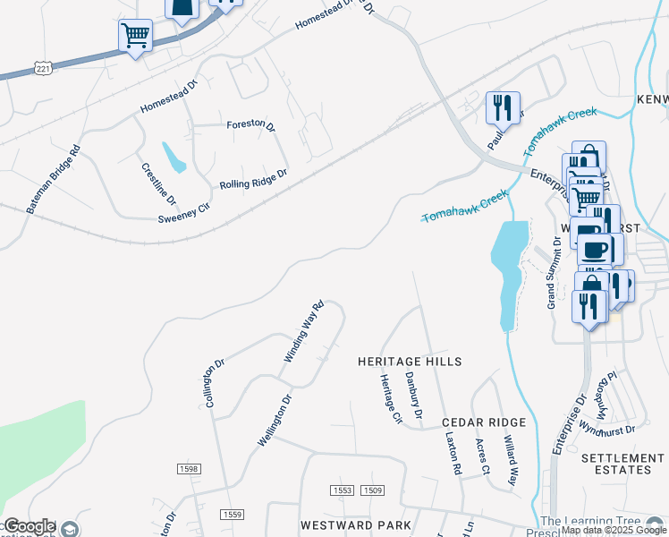 map of restaurants, bars, coffee shops, grocery stores, and more near 121 Collington Drive in Lynchburg