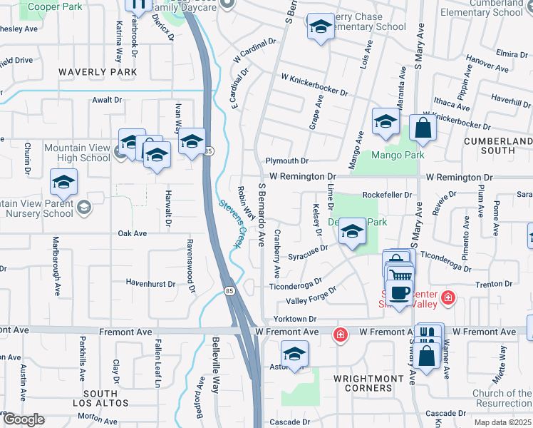 map of restaurants, bars, coffee shops, grocery stores, and more near 1156 South Bernardo Avenue in Sunnyvale