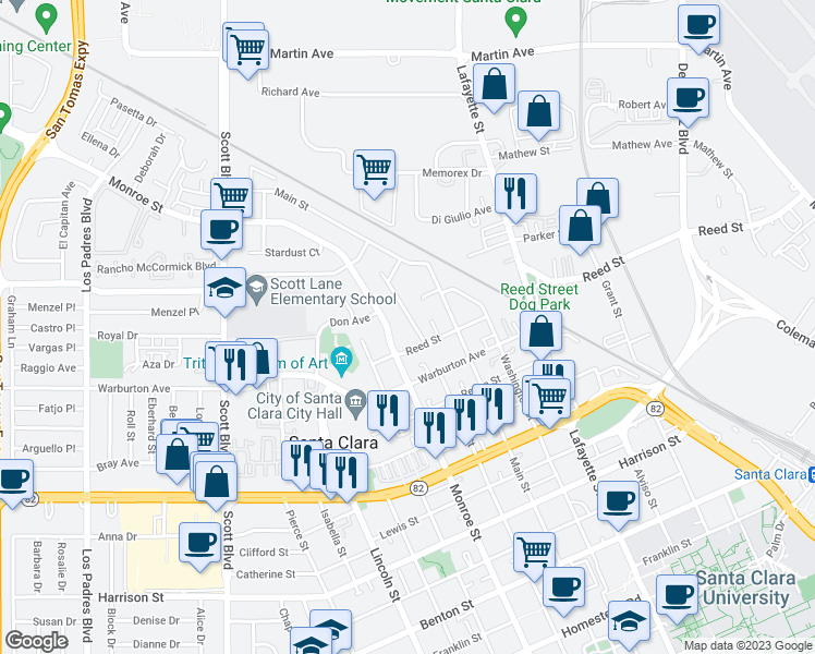 map of restaurants, bars, coffee shops, grocery stores, and more near 1973 Monroe Street in Santa Clara