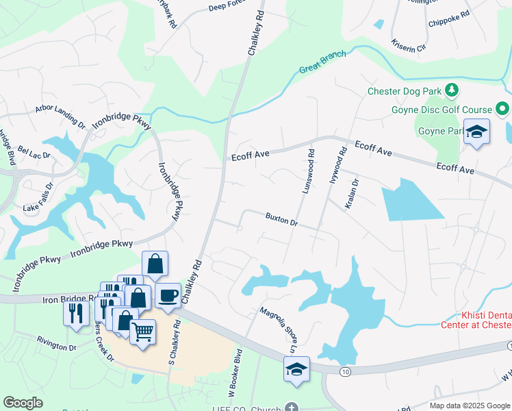 map of restaurants, bars, coffee shops, grocery stores, and more near 5828 Buxton Drive in Chester