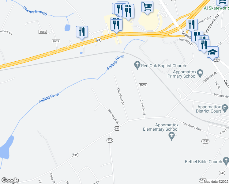 map of restaurants, bars, coffee shops, grocery stores, and more near 329 Courtland Dr in Appomattox