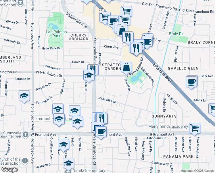 map of restaurants, bars, coffee shops, grocery stores, and more near 120 East Remington Drive in Sunnyvale
