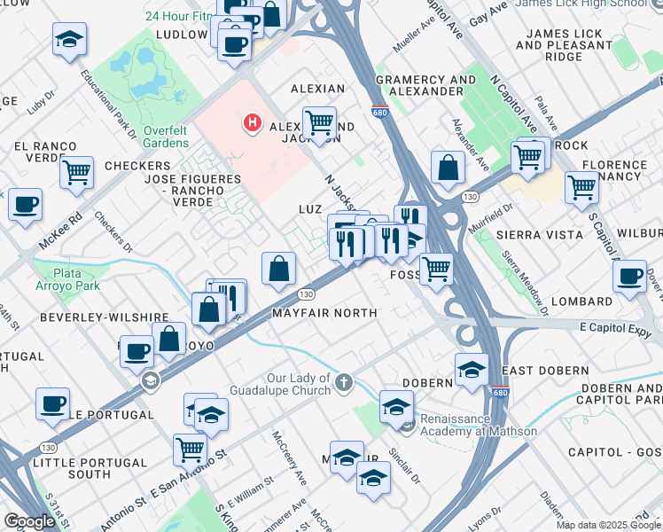 map of restaurants, bars, coffee shops, grocery stores, and more near 2177 Alum Rock Avenue in San Jose