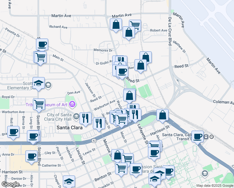map of restaurants, bars, coffee shops, grocery stores, and more near 1855 Washington Street in Santa Clara