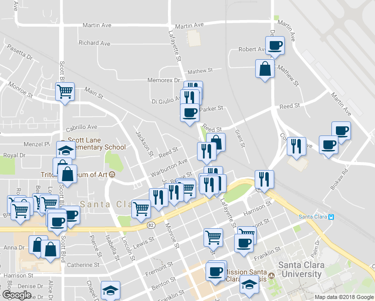 map of restaurants, bars, coffee shops, grocery stores, and more near 1855 Washington Street in Santa Clara
