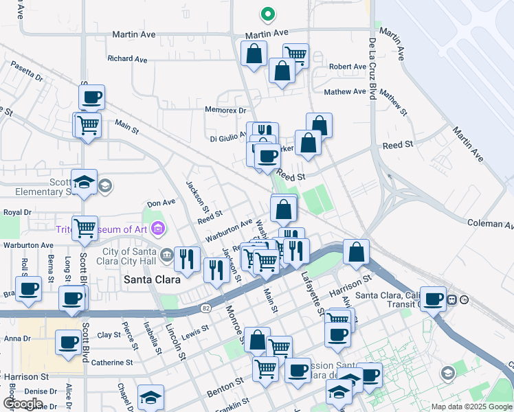 map of restaurants, bars, coffee shops, grocery stores, and more near 1855 Washington Street in Santa Clara