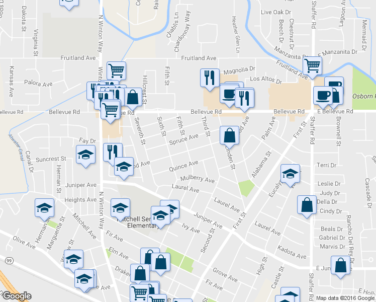 map of restaurants, bars, coffee shops, grocery stores, and more near Redwood Avenue in Atwater
