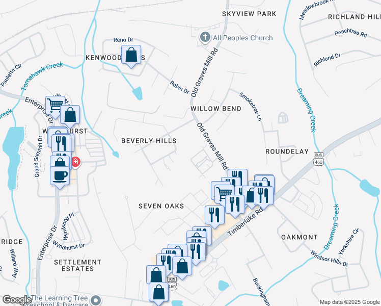 map of restaurants, bars, coffee shops, grocery stores, and more near 154 Salisbury Circle in Lynchburg