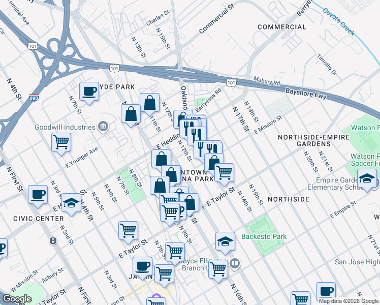 map of restaurants, bars, coffee shops, grocery stores, and more near 809 North 13th Street in San Jose