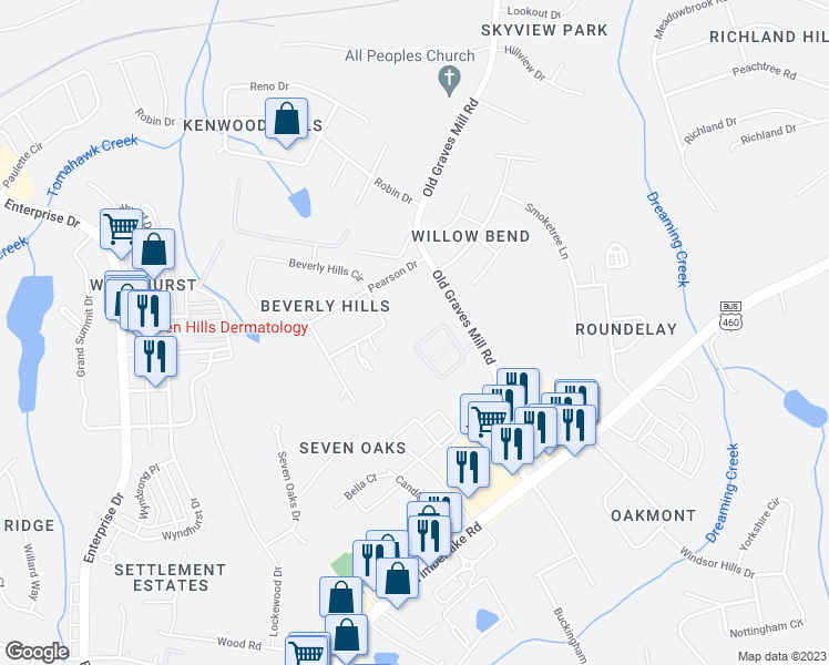 map of restaurants, bars, coffee shops, grocery stores, and more near 154 Salisbury Circle in Lynchburg