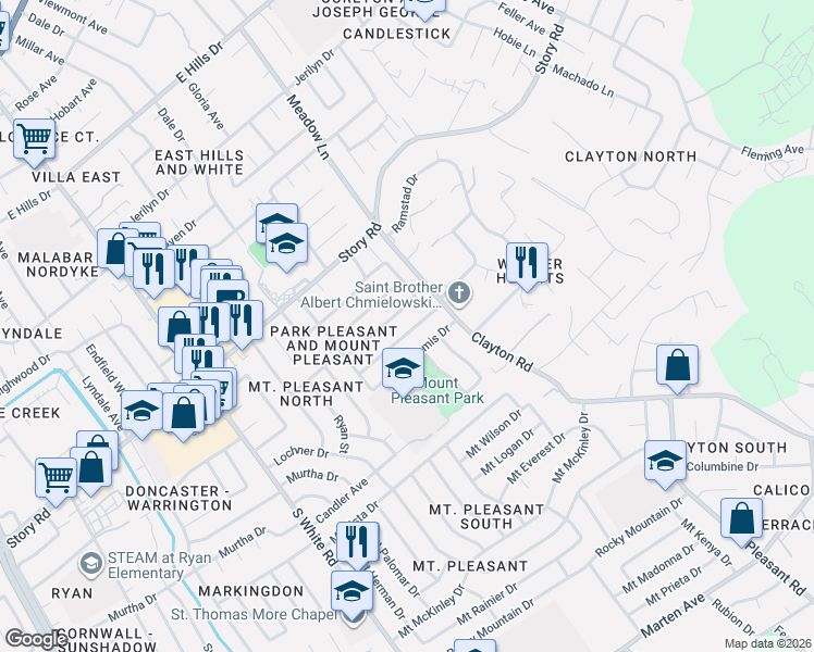 map of restaurants, bars, coffee shops, grocery stores, and more near 3342 Hickerson Drive in San Jose