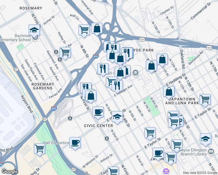 map of restaurants, bars, coffee shops, grocery stores, and more near 1036 North 4th Street in San Jose