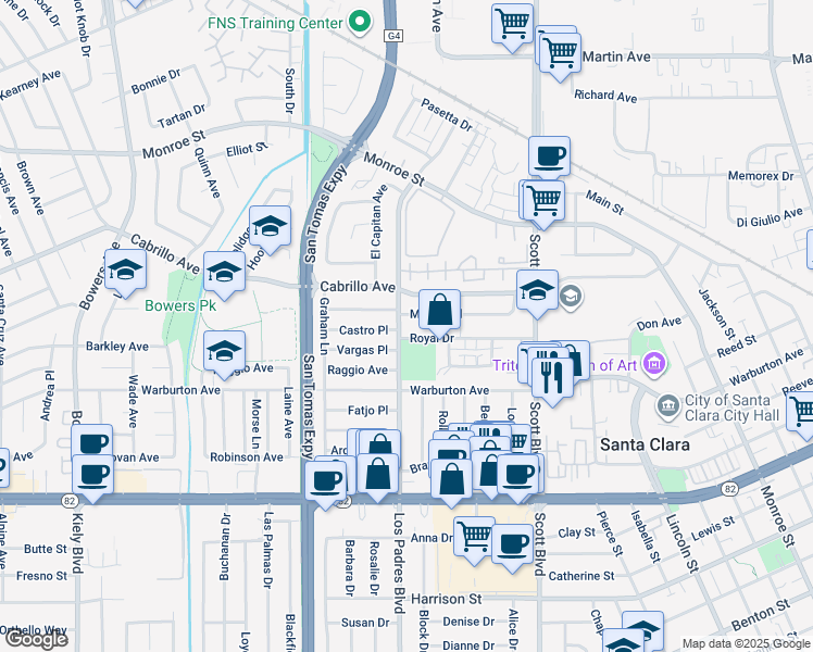 map of restaurants, bars, coffee shops, grocery stores, and more near 1880 Los Padres Boulevard in Santa Clara