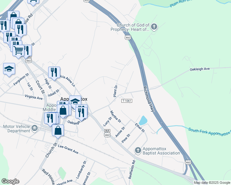 map of restaurants, bars, coffee shops, grocery stores, and more near 545 Oakleigh Avenue in Appomattox