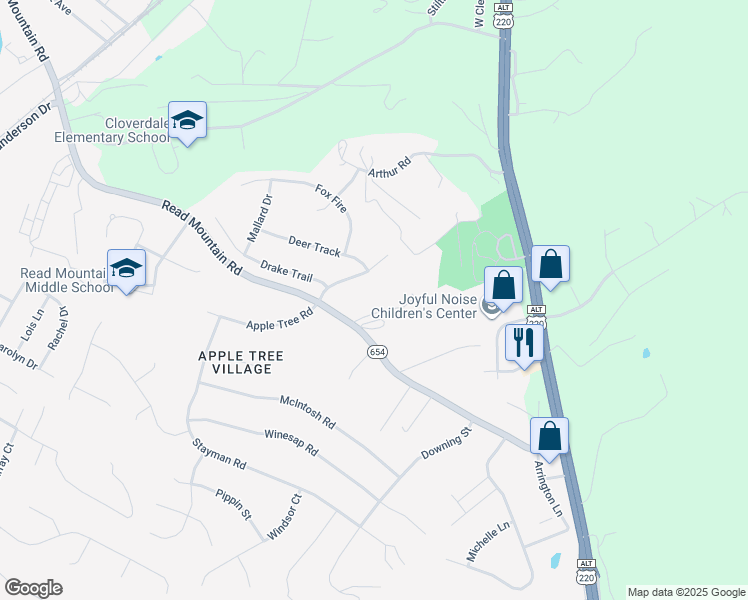 map of restaurants, bars, coffee shops, grocery stores, and more near 75 Toad Hollow in Roanoke